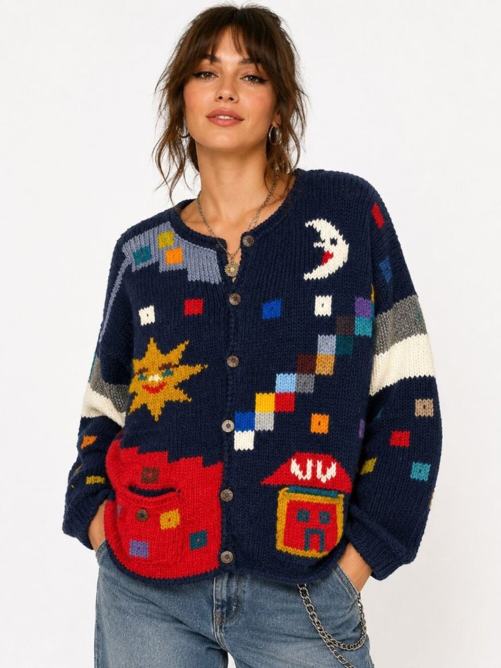 Vintage Pachamama Moon Spirit Celestial Wool Cardigan Sweater Hand Knit One Size